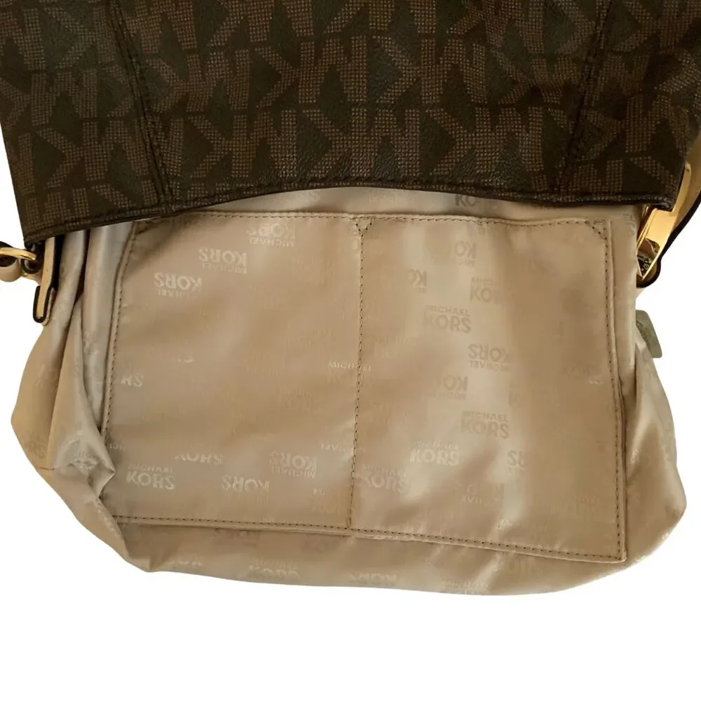 Michael Kors Brown Monogram Crossbody Bag with Gold MK Logo Ring Accent - Picture 14 of 14